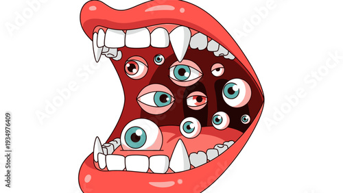 Mouth with Eyes and Sharp Teeth Illustration.