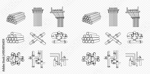 Set of black and white line art icons depicting various pipe configurations and bundles for industrial use.
