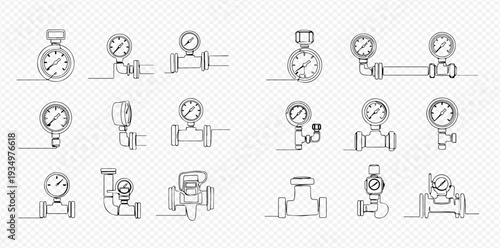 Set of continuous line drawings of pressure gauges, water meters, and pipe fittings, industrial measurement equipment in a minimalist style.