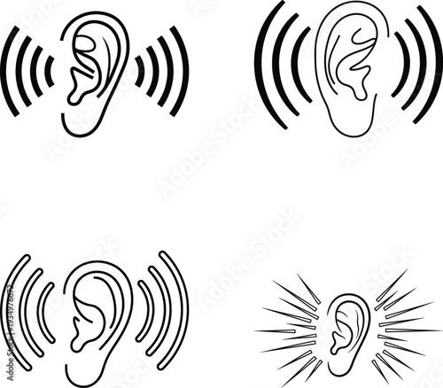 Hearing and listening icons with sound waves and lines