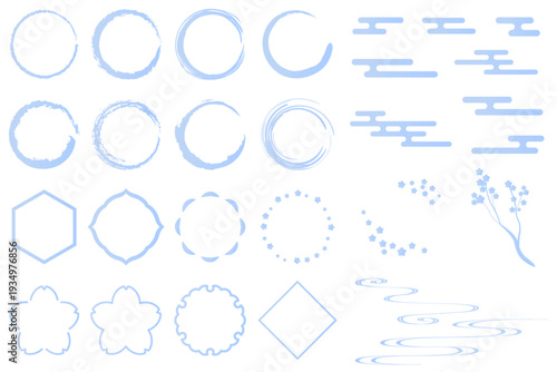 春をイメージした和風の装飾イラストセット　吉祥文様　筆丸　エ霞　桜