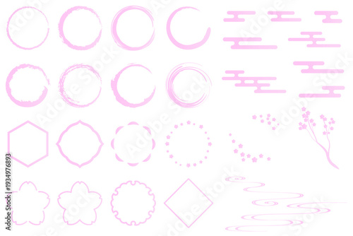 春をイメージした和風の装飾イラストセット　吉祥文様　筆丸　エ霞　桜