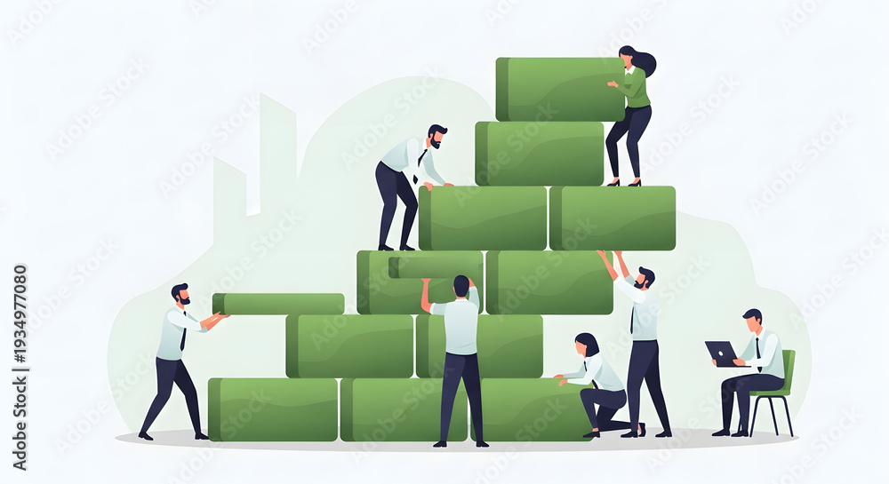 Fototapeta premium Diverse business team collaborating to construct a sturdy green block structure, symbolizing collective effort, strategic development, and achieving shared goals in a corporate environment