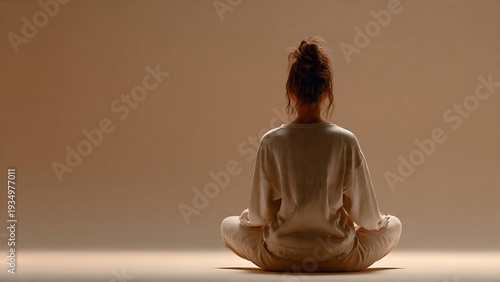 Rear view of a woman sitting cross-legged in meditation against a minimal beige background. Calm studio composition representing mindfulness practice, inner peace, mental health,