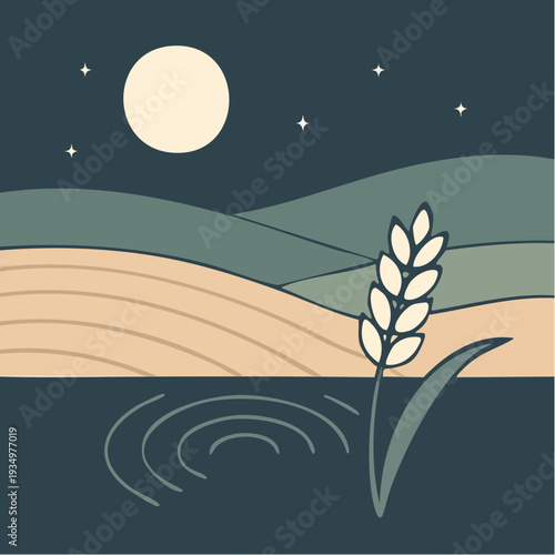 moonlit farmland breathing in quiet abundance as a single wheat stalk rises toward the stars in a calm nocturnal field
