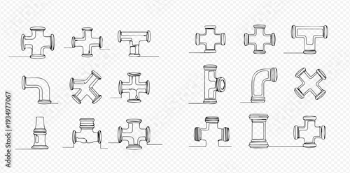 Set of one line art pipe fittings, plumbing connection parts, and industrial pipeline elements.
