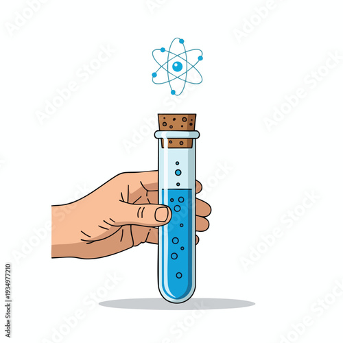Hand Holding Test Tube with Bubbles and Floating Atomic Model Illustration