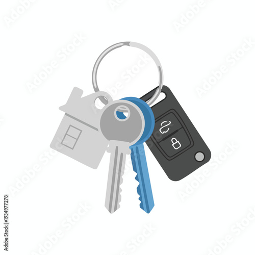 Set of Modern Keys and Key Fob on Keyring for Secure Home and Car Access