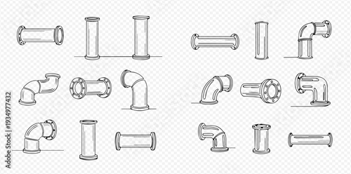Set of hand-drawn industrial pipes and connections, including elbows and straight sections, in sketch style.