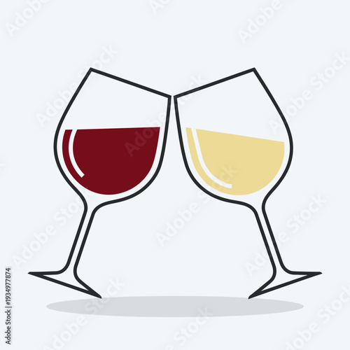 Two wine glasses clinking, red and white wine, celebration toast, cheers, party, anniversary, romantic dinner