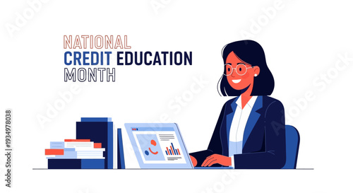 Illustration of a woman sitting at a desk with a laptop and books for National Credit Education Month promoting financial literacy and credit awareness.