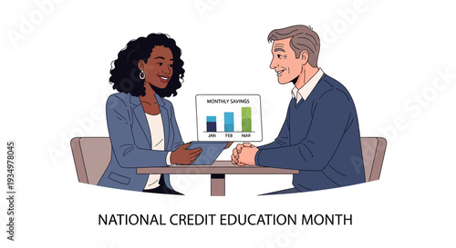 Illustration of two people discussing credit education and financial literacy during National Credit Education Month with a bar graph on a computer.