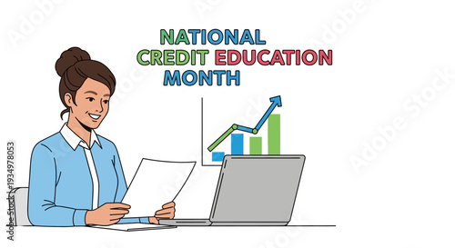 A woman reviews financial documents at her desk with a laptop and colorful graph illustrations for National Credit Education Month.