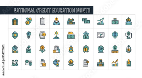 Vector illustration set for National Credit Education Month with various icons related to financial literacy, credit awareness, and personal finance education.