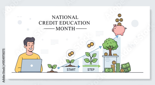 Illustration of a man working on a laptop with a growing plant and coins, symbolizing credit education and financial growth for National Credit Education Month.