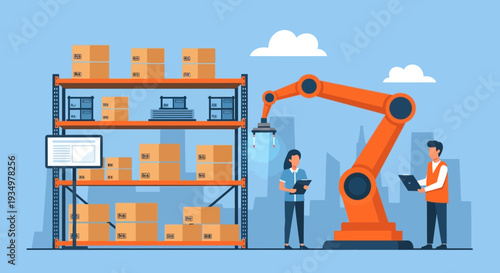 Warehouse Management with Robotic Arm and Workers.