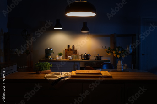 Interior of dark kitchen wi...