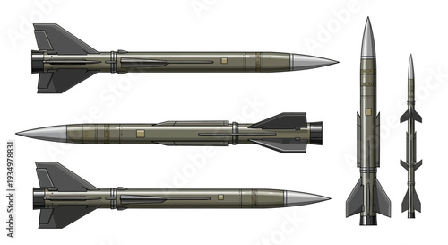Set of military missiles with camouflage pattern on white background.