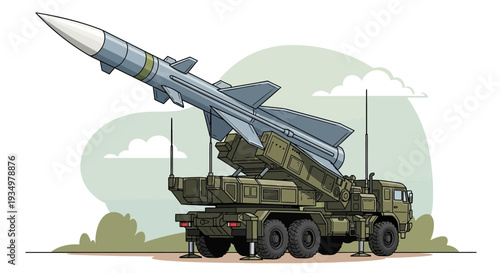 Military missile launcher vehicle with guided rocket on transport.