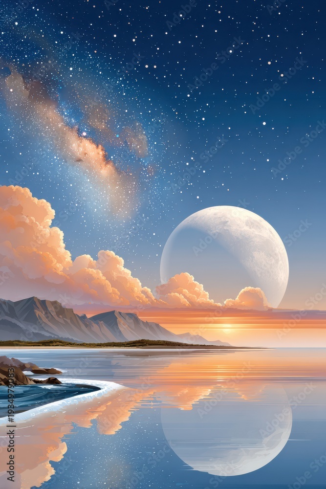 Fototapeta premium Dreamlike night sky over a tranquil coast with a giant moon, stars, and Milky Way
