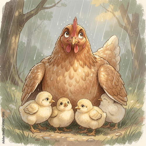 Mother hen sheltering her chicks under wings in heavy rain, looking worried at the sky, waiting for storm to stop. Concept of protection, care, and family safety in nature.
