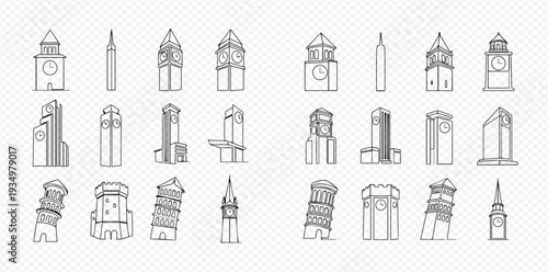 Set of line art illustrations featuring famous architectural landmarks and clock towers from around the world, showcasing various iconic structures in a minimalist style.