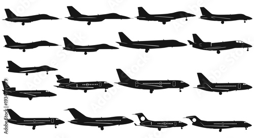 Collection of Various Airplane Silhouettes Against White Background.