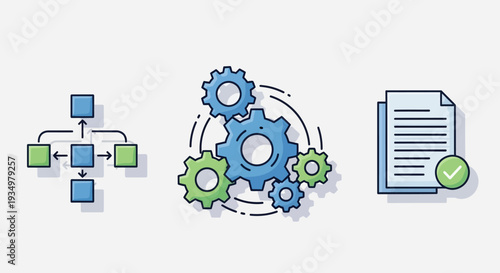 Process optimization workflow diagram with gears and document validation.