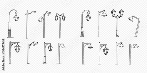 Set of hand-drawn street lights and lampposts in various styles, isolated on a transparent background.