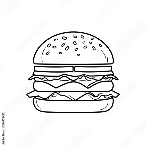 Simple black and white hamburger illustration with sesame seed bun.