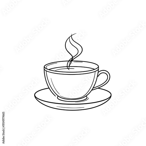 Simple line drawing of a steaming cup of coffee or tea on a saucer.