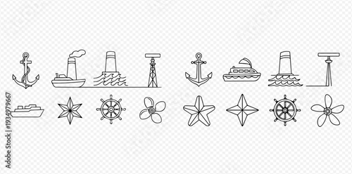 Set of line art nautical elements including anchors, ships, lighthouses, compasses, propellers, and starfish on a transparent background.