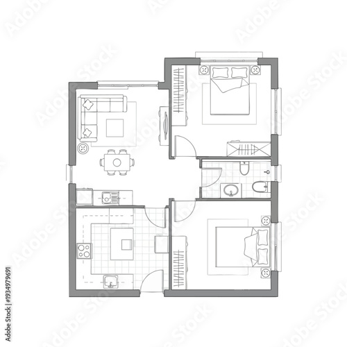 Modern Apartment Floor Plan with Living Areas Bedrooms and Bathroom Design
