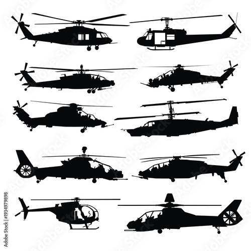 Canvas Print silhouettes of military helicopter isolated on white background