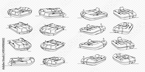 Continuous line drawing of various inflatable boats and rafts, perfect for water sports and recreation.