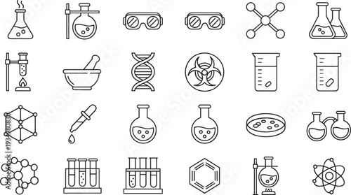 Large Science Laboratory Icon Set Featuring Chemistry Flasks DNA Helix Molecules Test Tubes Microscopic Research and Biohazard Safety Symbols