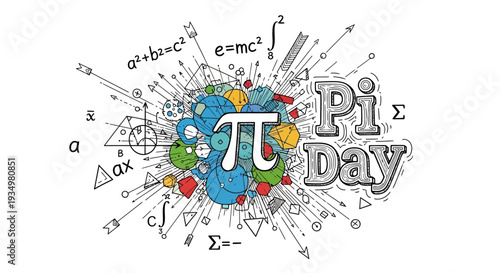 Illustration of Pi Day design with mathematical symbols and colorful pie elements on a white background, conveying mathematics awareness and STEM education.