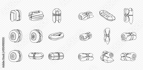Set of outline icons of folded inflatable boats and sleeping bags for camping and outdoor activities.