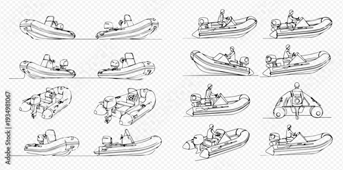 Set of hand-drawn inflatable motorboats in various perspectives, perfect for nautical designs and illustrations.
