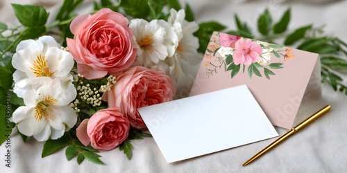 Pink roses with blank greeting card for events