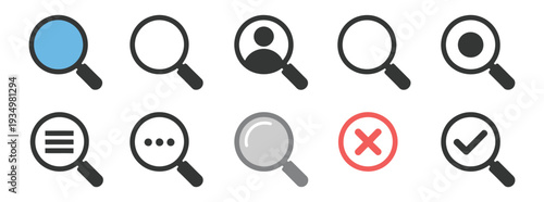 Magnifying glass icons set featuring multiple styles and colors, symbolizing search, exploration, discovery, investigation