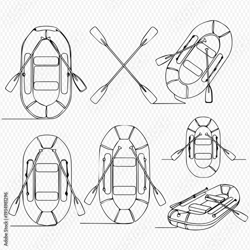 Set of inflatable rubber boats and oars in continuous line art drawing style, vector illustration.
