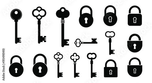 Collection of various black key and padlock icons, Generative AI
