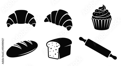 Black and white bakery icons including croissants bread cupcake and rolling pin, Generative AI