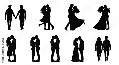 Collection of romantic couple silhouettes in various dance poses, Generative AI
