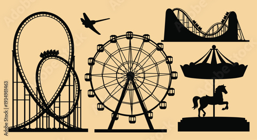 A set of amusement park attractions and rides in silhouette on a beige background including a rollercoaster ferris wheel carousel and merrygoround, Generative AI