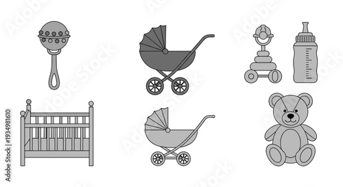 Baby nursery essentials including crib stroller teddy bear and toys, Generative AI