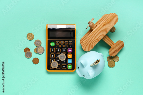 Calculator with coins, pigg...