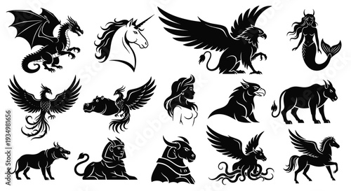 Collection of various mythical creatures and animals in black silhouette, Generative AI