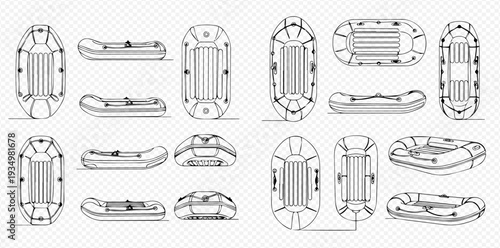 Set of inflatable boat outlines for rafting and fishing, various views of rubber dinghies.